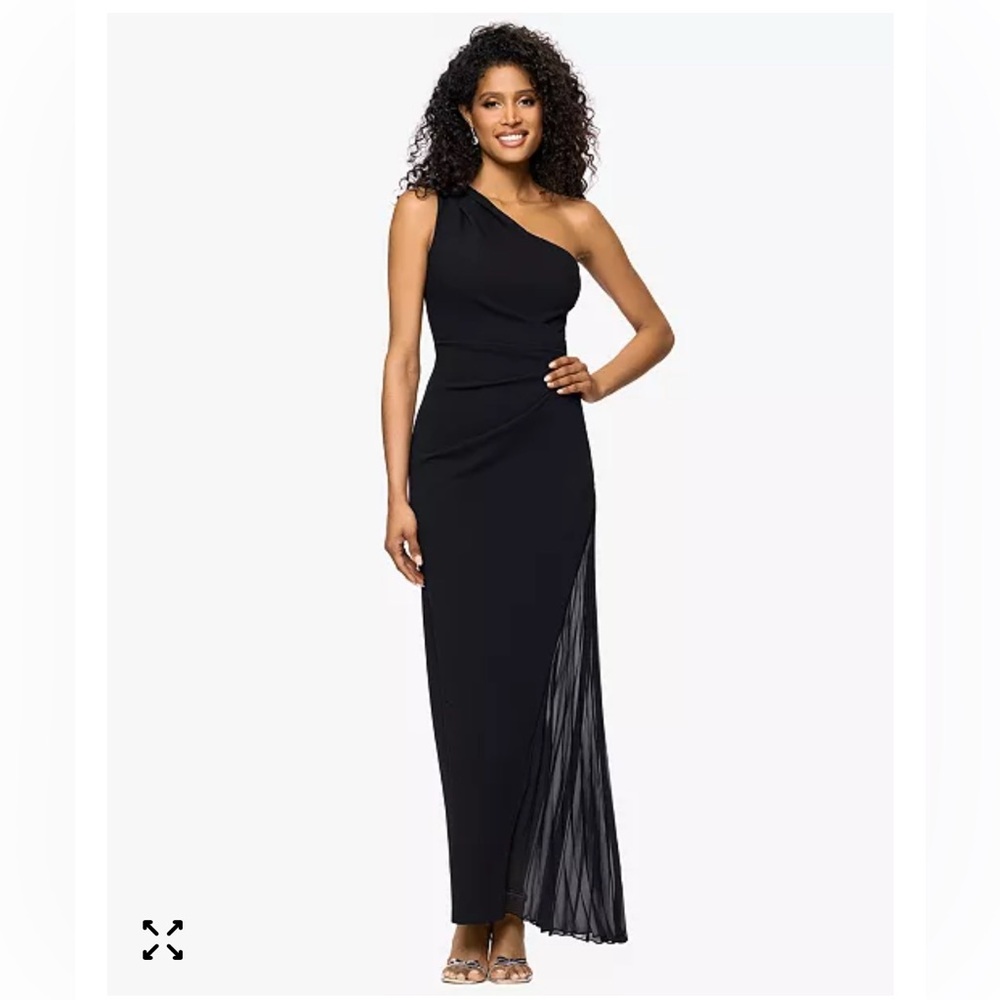 Xscape One-Shoulder Black Evening Gown with Pleated Side Panel